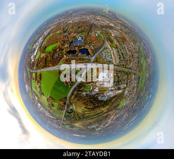 Luftbild, Autobahn A2 und Abfahrt Essen/Gladbeck zur Bundesstraße B224, Wasserschloss Wittringen und Wald, umgeben von herbstlichen Laubbäumen, Erdkugel, Fisheye Aufnahme, Fischaugen Aufnahme, 360 Grad Aufnahme, petit monde, petite planète, fisheye Bild, Butendorf, Gladbeck, Ruhrgebiet, Nordrhein-Westfalen, Deutschland ACHTUNGxMINDESTHONORARx60xEURO *** vue aérienne, autoroute A2 et sortie Essen Gladbeck vers la route fédérale B224, château à douves Wittringen et forêt, entouré d'arbres caduques automnaux, globe terrestre, image fisheye, image fisheye, image 360 degrés, petit monde, petite planète, fisheye Banque D'Images