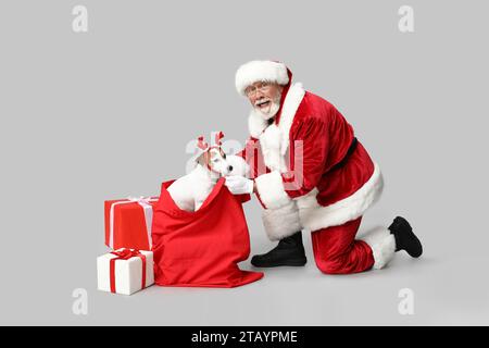 Père Noël avec chien mignon Jack Russell Terrier en cornes de renne et sac sur fond gris Banque D'Images