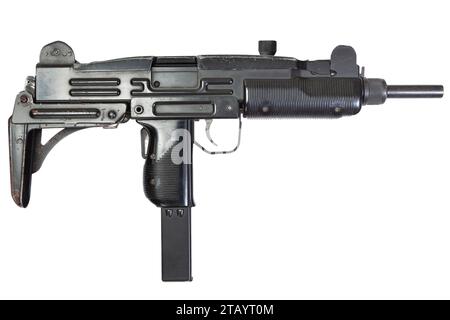 Israël célèbre pistolet mitrailleur de 9mm UZI isolé sur fond blanc Banque D'Images