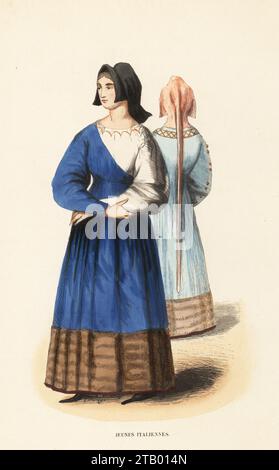 Costumes de jeunes femmes italiennes, 14e siècle. Femme en bonnet noir, robe sans ceinture avec garniture en fourrure. Derrière elle, une femme à capuche capuchon avec une longue queue. Tiré d'un manuscrit de Titius Livius, Tite-Live, à la Biblioteca Ambrosiana, Milan. Jeunes Italiennes, XIVe siecle. Gravure sur bois colorée à la main de Costume du Moyen Age, Costume médiéval, Librairie Historique-artistique, Bruxelles, 1847. Banque D'Images