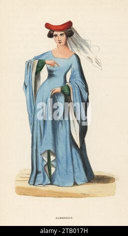 Costume d'une jeune femme, 15e siècle. En birette écarlate avec voile, robe bleue avec train (cotte a giron). D'après une Bible manuscrite de la Bibliothèque royale de Bruxelles. Damoiselle, XVe siecle. Gravure sur bois colorée à la main par AT. Pannemaker de Costume du Moyen Age, Costume médiéval, Librairie Historique-artistique, Bruxelles, 1847. Banque D'Images