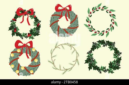 Ensemble de couronnes de porte de Noël. Cercles de branches de sapin avec décor de Noël, ornements, ruban, boules, fleur, pour la décoration de vacances d'hiver. Vecteur plat Illustration de Vecteur