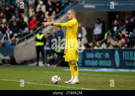 Le Havre, France. 03 décembre 2023. Le gardien du PSG Arnau Tenas lors du match de championnat de France de Ligue 1 entre le Havre AC et le Paris Saint-Germain le 3 décembre 2023 au stade Oceane du Havre - photo Jean Catuffe/DPPI crédit : DPPI Media/Alamy Live News Banque D'Images