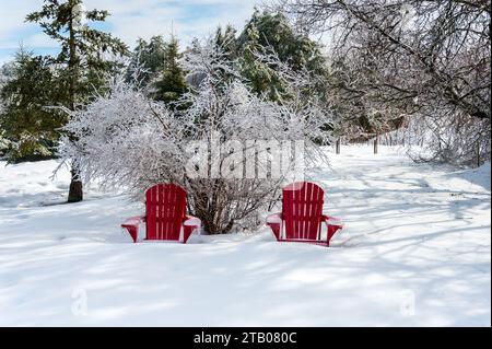 chaises rouges muskoka dans la neige Banque D'Images