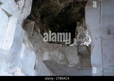 Des marches de calcaire montent un mur couvert de mousse, menant à une mystérieuse porte voûtée. Photographie d'intérieur de nature. Banque D'Images