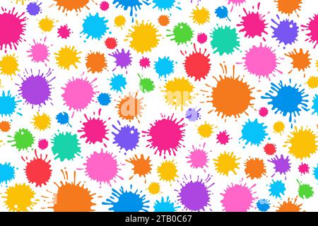 Splash peinture éclabousser motif sans couture de dessin animé coloré. Tache, ornement répété d'écailles, liquide goutte à goutte sans éclaboussures imprimé sans limites. Gouttes d'encre d'éclaboussures colorées pour le vecteur de décor textile de fond de papier peint Illustration de Vecteur