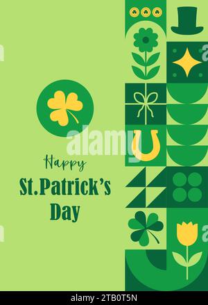 Happy St. Carte de voeux Patrick Day. Fond géométrique néo. Dépliant vertical, carte postale, en-tête pour le site Web. Motif avec des formes simples vertes. Vecteur Illustration de Vecteur