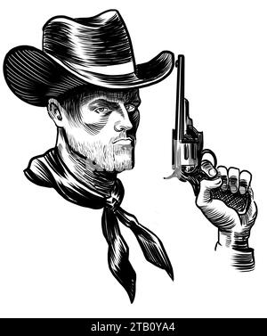 Cow-boy avec un pistolet revolver. Illustration en noir et blanc dessinée à la main Banque D'Images