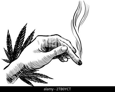 Main avec un joint de marijuana. Illustration en noir et blanc dessinée à la main Banque D'Images