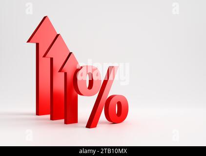 Symbole de pourcentage avec flèches vers le haut sur fond blanc. Hausse des coûts ou des taux d'intérêt. Augmentation des bénéfices. Rendu 3D. Banque D'Images