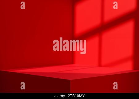Podium rouge vide ou plate-forme avec lumière de fenêtre et ombre. Modèle de présentation du produit. Rendu 3D. Banque D'Images