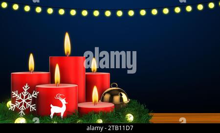 Thème de Noël avec guirlande lumineuse, bougies et décorations Banque D'Images