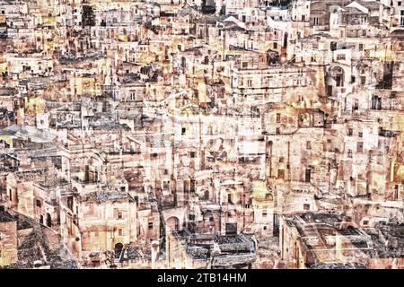 Matera, Basilicate, Italie : paysage abstrait, avec effet de superposition, des maisons anciennes pittoresques de la vieille ville appelée Sassi Banque D'Images