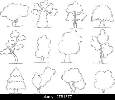 Style de croquis de l'arbre encreur. Collection simple d'arbres et de buissons dessinés à la main. Baobab, bouleau, érable, chêne, saule et autre illustration vectorielle isolée Illustration de Vecteur