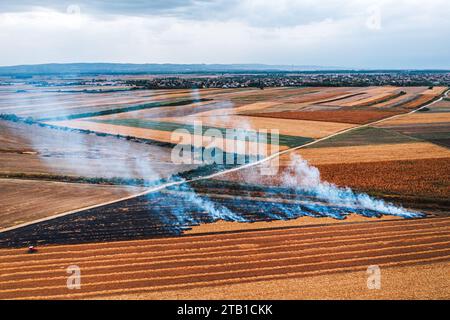 Le brûlage de chaume de champ de blé après la récolte des grains est l'une des principales causes de la pollution de l'air, tir aérien du drone pov, vue à grand angle Banque D'Images