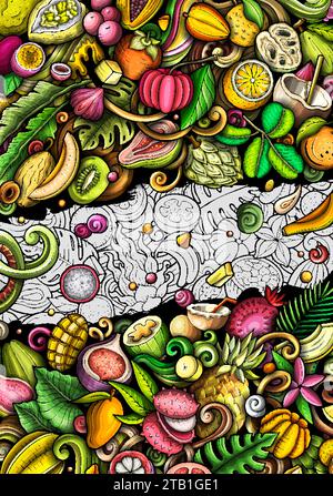 Fond de bannière de vecteur de dessin animé doodle Tropical fruits. Illustration colorée de nourriture naturelle drôle. Illustration de Vecteur