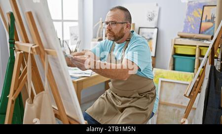 Bel homme caucasien d'âge moyen, un artiste profondément concentré alors qu'il dessine passionnément un portrait dans son atelier d'art intérieur Banque D'Images