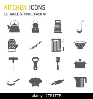 Jeu d'icônes de glyphe de cuisine, collection culinaire, graphiques vectoriels, illustrations de logo, icônes vectorielles de cuisine, panneaux de cuisson, pictogrammes pleins, stro modifiable Illustration de Vecteur