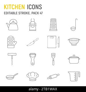 Ensemble d'icônes de ligne de cuisine, collection culinaire, graphiques vectoriels, illustrations de logo, icônes vectorielles de cuisine, panneaux de cuisson, pictogrammes de contour, str éditable Illustration de Vecteur