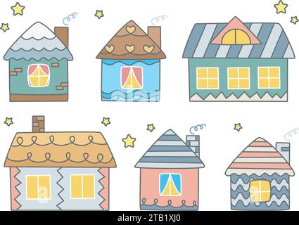 Ensemble de maison dessiné à la main coloré simple. Dessins animés de maisons et de bâtiments mignons clip art. Collection de logement style de croquis doodle, illustration vectorielle isolée Illustration de Vecteur