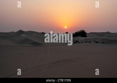 Al Qudra vide quart désert sans couture sahara à Dubaï Émirats arabes Unis Moyen-Orient avec des chemins de vent et des collines de sable sous le coucher du soleil Banque D'Images