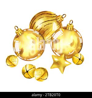 Illustration à l'aquarelle de jouets d'arbre de Noël avec des boules d'or brillantes, cloches de paillettes dorées vintage, étoiles, ensemble d'hiver de décoration de Noël isolé Banque D'Images
