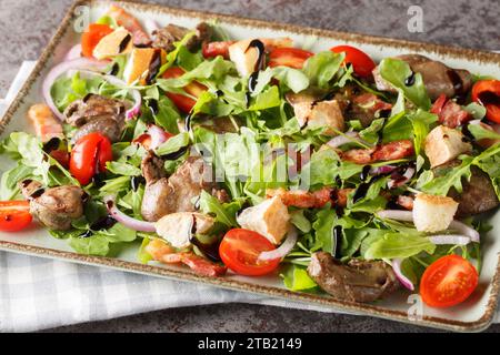 Délicieuse salade diététique de foie de poulet, roquette, oignons, tomates, croûtons et bacon gros plan dans une assiette sur la table. Horizontal Banque D'Images