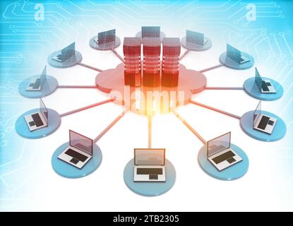 Réseau de cloud computing. illustration 3d. Banque D'Images