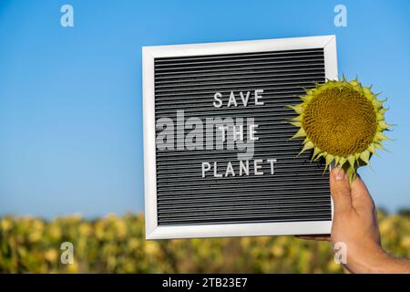 Les mains du manifestant avec du texte SAUVENT LA PLANÈTE sur le tableau noir sur fond de champ de tournesol. Réutilisation réduire le concept de recyclage. Protester pour la nature grève climatique manifestation volontaire contre la pollution terrestre, le réchauffement climatique Banque D'Images