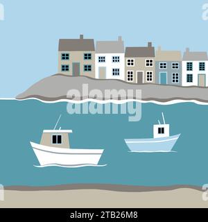 Vue sur le mur du port avec bateaux de pêche et une rangée de cottages à l'ancienne en arrière-plan. Vue côtière dans une palette de couleurs atténuées Banque D'Images
