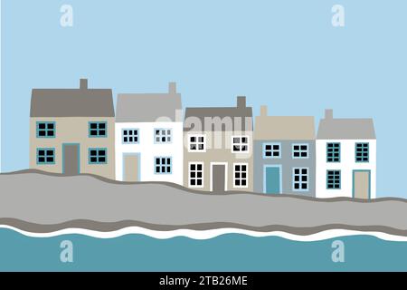 Terrasse de cottages de bord de mer à l'ancienne avec herbe, falaises, mer turquoise et ciel bleu vif. Vue côtière dans une palette de couleurs atténuées Banque D'Images