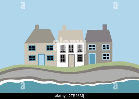 Terrasse de cottages de bord de mer à l'ancienne avec herbe, falaises, mer turquoise et ciel bleu vif. Vue côtière dans une palette de couleurs atténuées Banque D'Images