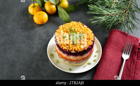 Salade Shuba. Hareng habillé, hareng sous manteau de fourrure. Salade de légumes en couches de Noël avec hareng et légumes bouillis. Fond sombre avec libre Banque D'Images