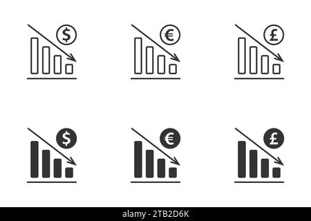 Symbole argent défroissé. Graphique de chute du dollar, de l'euro et de la livre Illustration de Vecteur