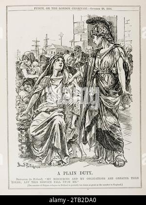 Une caricature de 1914 du magazine Punch, suggérant que la Grande-Bretagne devrait faire beaucoup plus pour aider les réfugiés belges fuyant l'invasion allemande de la Belgique, soulignant que la Hollande prenait dix fois le nombre que la Grande-Bretagne acceptait Banque D'Images