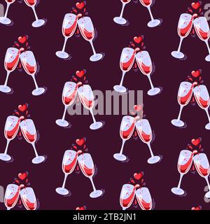 Verres à vin modèle sans couture dans le style de bande dessinée. Illustration vectorielle avec des verres et des coeurs clinking. Fond avec des verres pour textiles, emballage Illustration de Vecteur