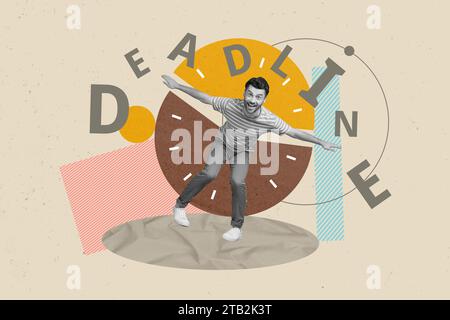 Photo de collage de drôle jeune garçon surjoyeux rend créatif horloge ses bras comme minute flèches date limite isolé sur fond de couleur gris Banque D'Images