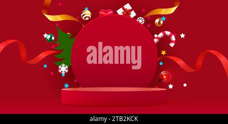 Fond rouge de Noël d'hiver avec podium rond et décorations de Noël. Illustration vectorielle Illustration de Vecteur