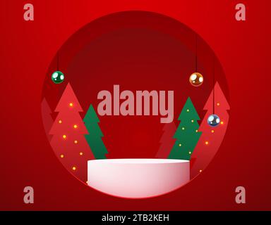 Fond rouge de Noël d'hiver avec podium rond et décorations de Noël. Illustration vectorielle Illustration de Vecteur