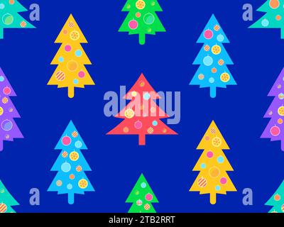 Motif sans couture d'arbres de Noël décorés dans le style des années 80. Sapin de Noël décoré dans un style géométrique. Design festif pour cartes de vœux, invitations a Illustration de Vecteur