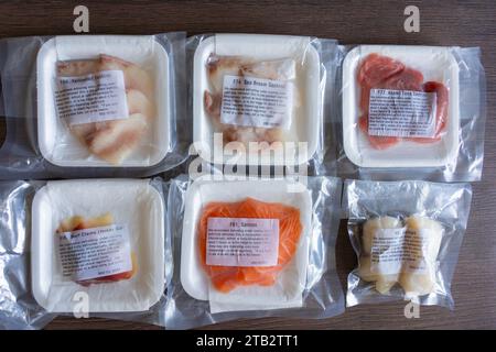 Sélection de décongélation de poisson congelé de haute qualité à utiliser comme sashimi et sushi - thon, palourdes de surf, yellowtail - par la société d'importation japonaise WASO, Royaume-Uni Banque D'Images