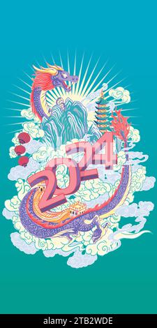 Nouvel an chinois 2024 année du bapner vertical Dragon adapté pour créer des illustrations de vacances, des cartes de vœux et des bannières. Illustration de Vecteur