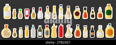 Illustration grand kit bouteilles en verre variées remplies de vinaigre de vin blanc liquide, bouteilles composées de vinaigre de vin blanc, étiquettes vides pour les titres, blanc Illustration de Vecteur