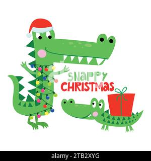 Snappy Christmas - phrase drôle pour Noël avec un crocodile mignon. Lettrage dessiné à la main pour cartes de voeux de Noël, invitations. Bon pour t-shirt, mug, Illustration de Vecteur