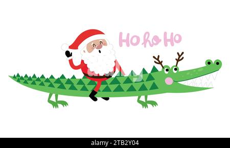 Ho Ho ho - Père Noël monte un crocodile. Joyeux Noël, Noël et bonne année drôle concept. Illustration vectorielle de dessin animé. Le Père Noël vient en ville Illustration de Vecteur