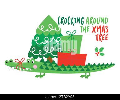 Se balancer autour de l'arbre de Noël - phrase drôle pour Noël avec un crocodile mignon. Lettrage dessiné à la main pour cartes de voeux de Noël, invitations. Bon f Illustration de Vecteur