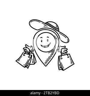 Mignon ligne doodle magasin emoji pin emplacement. Esquisse à main levée Pinpoint. Adresse de carte émoticône comique. Personnage drôle souriant Illustration de Vecteur