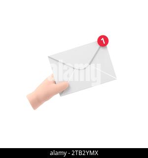 Concept de message reçu. Nouveau, e-mail entrant, sms. Service de livraison de courrier. Enveloppe en main. recevoir du courrier. Rendu 3D sur fond blanc. Banque D'Images