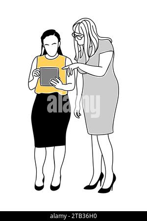 Deux femmes d'affaires travaillant ensemble sur tablette. Illustration de Vecteur