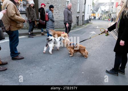 Les propriétaires de chiens et leurs chiens en laisse se saluent dans la ville de Hay-on-Wye Street pendant le Hay Winter Festival novembre 2023 pays de Galles Royaume-Uni KATHY DEWITT Banque D'Images